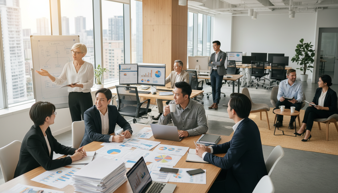 Firefly_Gemini Flash_crea otro ejemplo mas pero con mas personas, en una oficina con documentacion, grafic 102151